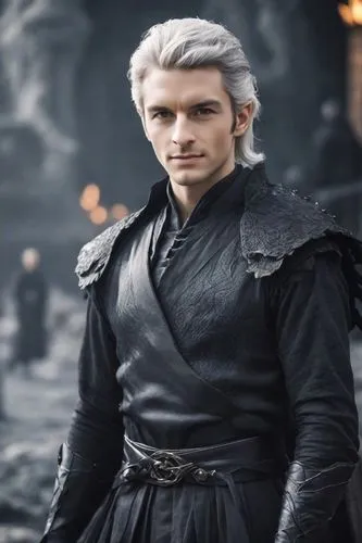  A man who dresses like Daemon Targaryen with black colors. His white hair would be tousled and windswept. Style inspired by the House of the Dragon series. he is brave. Dragon,male elf,vax figure,wit