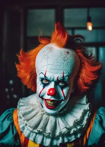 Pennywise, IT, horror, clown, 1990s, nostalgic, creepy smile, pale skin, red nose, messy orange hair, white face paint, colorful costume, oversized shoes, menacing gaze, abandoned house, eerie atmosph