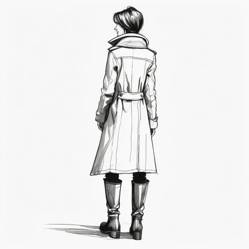 a woman with medium length hair in a long coat, jeans and boots standing with her back turned to the viewer, full height, full body, in the style of dr. Seuss, rough ink, pen and ink, rough sketch, pr