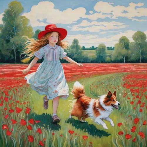 little girl in wind,girl picking flowers,field of poppies,girl with dog,poppy fields,girl in flowers,poppy field,red poppies,little girl running,shepherdess,blooming field,flower field,field of flowers,walking in a spring,countrywoman,dmitriev,flowers field,chudinov,little girl with balloons,heatherley,Illustration,Abstract Fantasy,Abstract Fantasy 04