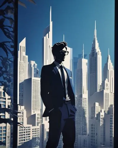 Young adult, male architect, 25yo, stylish hair, black glasses, white shirt, dark blue suit, tie, holding blueprint, standing, modern skyscraper, cityscape, sunny day, clear blue sky, few white clouds