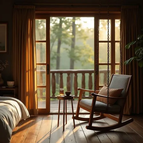 morning light,porch swing,sunroom,rocking chair,wood window,bedroom window