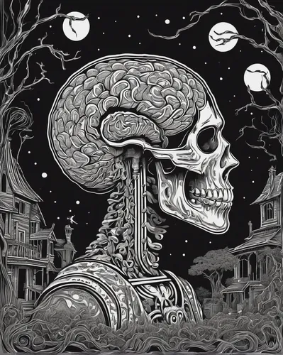 brain icon,skull drawing,brain,death's-head,ego death,skull allover,psychedelic art,skull illustration,brainy,death head,cranium,cerebrum,calavera,dead earth,synapse,human skull,skull bones,death's head,human brain,cubensis,Illustration,Black and White,Black and White 19