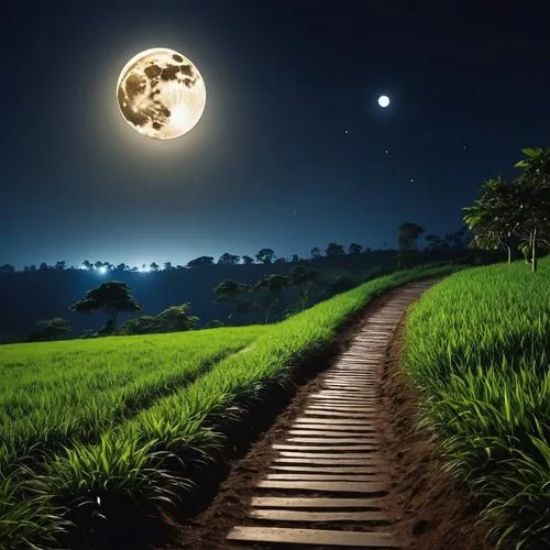 there is a path that is going through the grass to the moon, street moon landscape, moonlit kerala village, moonlit night dreamy atmosphere, night time moonlight, at night with dramatic moonlight, moo