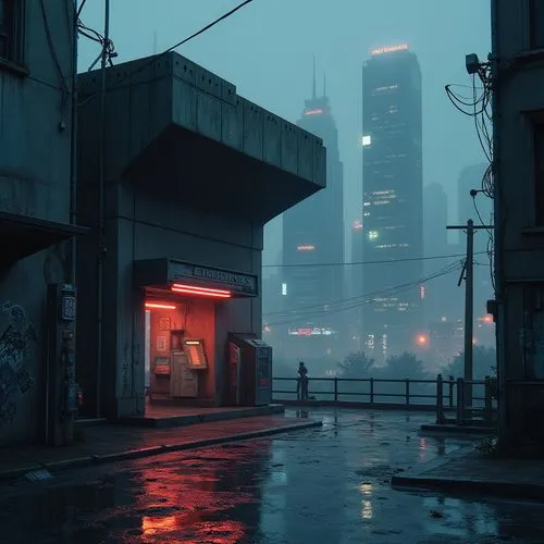 Brutalist charging station, urban setting, industrial atmosphere, concrete structure, rugged texture, metallic accents, neon lights, glowing screens, futuristic details, sharp angles, dramatic shadows