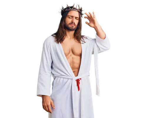 Jesus Christ, crucifixion scene, solemn expression, long hair, beard, white robe, bloodstained chest, nailed hands and feet, crown of thorns, majestic posture, dramatic lighting, warm color tone, high