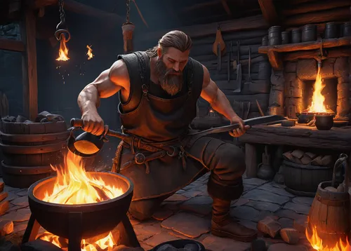 blacksmith,dwarf cookin,tinsmith,potter's wheel,smelting,candlemaker,forge,cooking pot,viking,winemaker,fire master,wood shaper,merchant,metalsmith,vikings,farrier,cauldron,blackhouse,foundry,fire artist,Conceptual Art,Oil color,Oil Color 12