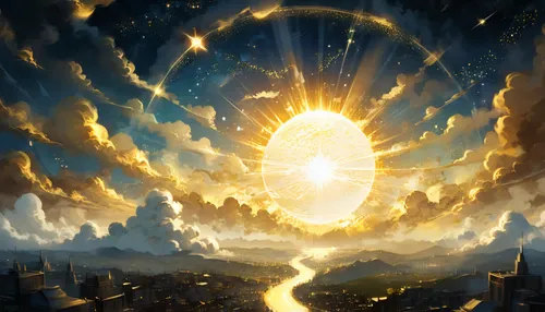 sunburst background,the pillar of light,firmament,heliosphere,bright sun,golden sun,celestial event,world digital painting,sun god,incandescent,celestial phenomenon,fantasy picture,reverse sun,fantasy landscape,celestial,heaven gate,sunburst,god rays,solar flare,sun ray,Conceptual Art,Fantasy,Fantasy 02