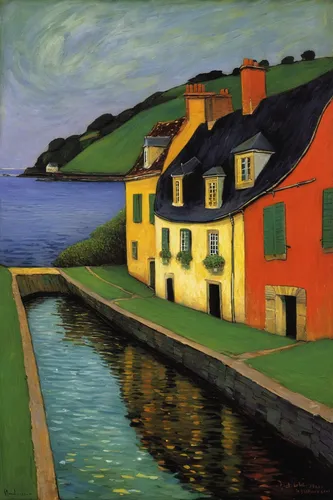 caquelon,breton,braque saint-germain,braque du bourbonnais,braque d'auvergne,olle gill,braque francais,house by the water,moret-sur-loing,row of houses,lapereau,post impressionism,cottages,creuse,coastal landscape,normandy,post impressionist,pousette,basset artésien normand,bretagne,Art,Artistic Painting,Artistic Painting 29