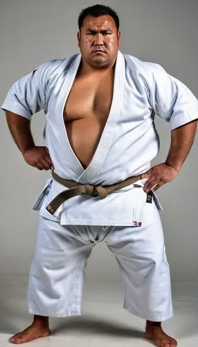 raw photo, burly chubby guy, Tongan, 38 years old, round face, fat, wet skin, serious face, black skin,  Judo athlete, wearing Judo gi, full body shot, hands on waist, body hair on chest,sumo fighter 