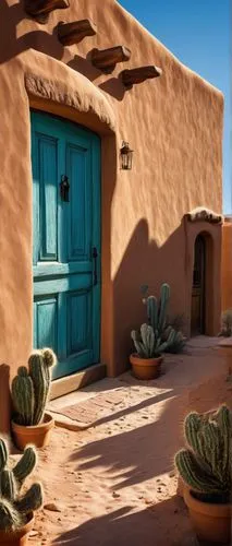 Adobe architecture, New Mexico, old town, earth-toned buildings, curved lines, ornate doorways, rustic wooden doors, vibrant turquoise accents, terracotta roofs, worn stone walls, arid desert landscap