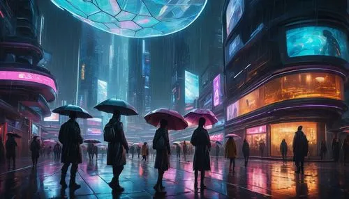 umbrellas,walking in the rain,cyberpunk,cybercity,umbrella,world digital painting,japanese umbrellas,huge umbrellas,fantasy city,sci fiction illustration,rainfall,cyberscene,cyberworld,travelers,lanterns,urbanworld,asian umbrella,futuristic landscape,cybertown,rainy,Illustration,Realistic Fantasy,Realistic Fantasy 06