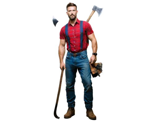 Lumberjack, muscular man, 30s, rugged beard, plaid shirt, suspenders, ripped jeans, heavy boots, holding axe, standing, strong pose, natural setting, forest background, foggy atmosphere, misty lightin