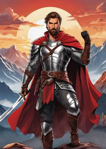 heroic fantasy,god of thunder,biblical narrative characters,world digital painting,tyrion lannister,conquistador,dane axe,red cape,king arthur,thorin,htt pléthore,east-european shepherd,thor,dwarf sundheim,red background,fantasy warrior,red super hero,massively multiplayer online role-playing game,templar,alaunt,Unique,Design,Sticker