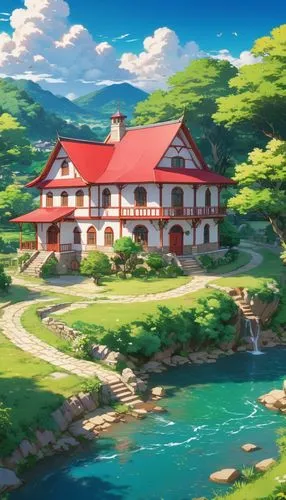 ghibli,studio ghibli,house with lake,butka,house by the water,house in the mountains,Illustration,Japanese style,Japanese Style 03