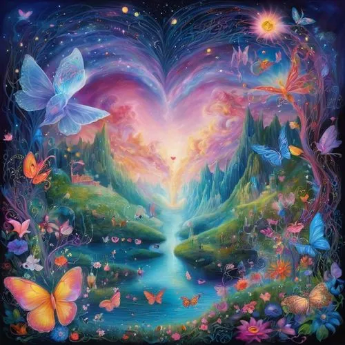 colorful heart,fairy world,fairy galaxy,painted hearts,watery heart,heart background,fairyland,fairy forest,floral heart,winged heart,valentierra,aurora butterfly,the luv path,the heart of,lotus hearts,butterfly background,all forms of love,nature love,fantasy picture,flying heart,Illustration,Realistic Fantasy,Realistic Fantasy 37