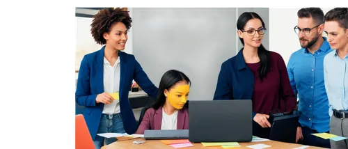 Multiple people, team collaboration, diverse ages, casual wear, standing around table, laptops open, papers scattered, colorful sticky notes, modern office background, natural light, soft focus, warm 