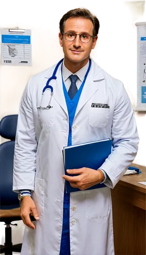 Male doctor, middle-aged, gentle smile, glasses, white coat, stethoscope around neck, holding medical chart, standing, kind eyes, serious expression, patient sitting on examination table, worried face