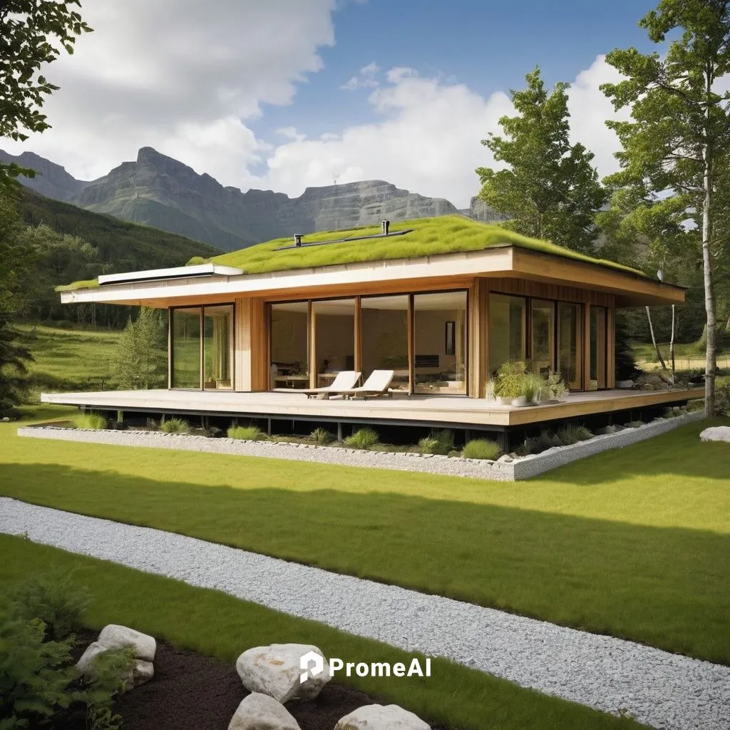 reate a bungalow that utilizes geothermal energy for heating. The design should feature thick insulated walls with a green roof and solar panels, emphasizing sustainability while providing a warm, com