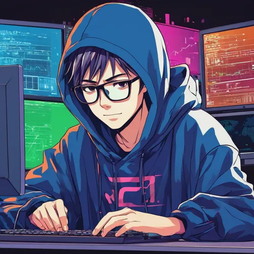 cyber glasses,hacker,computer freak,cyber,hacking,zest,coder,man with a computer,girl at the computer,edit icon,anonymous hacker,twitch icon,lan,computer,gamer,anime boy,game illustration,fuki,anime 3d,programmer,Illustration,Japanese style,Japanese Style 04