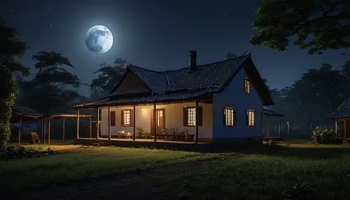 lonely house,little house,house in the forest,small cabin,summer cottage,small house,wooden house,cottage,country cottage,beautiful home,home landscape,night scene,house silhouette,moonlit night,witch's house,traditional house,cabin,inverted cottage,danish house,the cabin in the mountains,Photography,General,Realistic