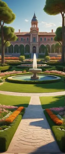 Majestic university landscape, modern architectural style, grand entrance gates, sprawling green lawn, vibrant flower beds, walking paths, stone benches, majestic trees, intricate fountain design, orn