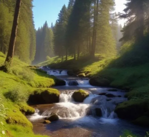 a small stream in a green meadow surrounded by tall trees,mountain stream,northern black forest,nature background,bavarian forest,clear stream,background view nature,Photography,General,Realistic