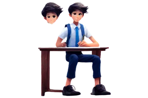 Codon, anime style, boy, solo, (12yo), short blue hair, bright brown eyes, smiling face, school uniform, white shirt, blue tie, black pants, black shoes, sitting, desk, pencil, paper, morning light, s