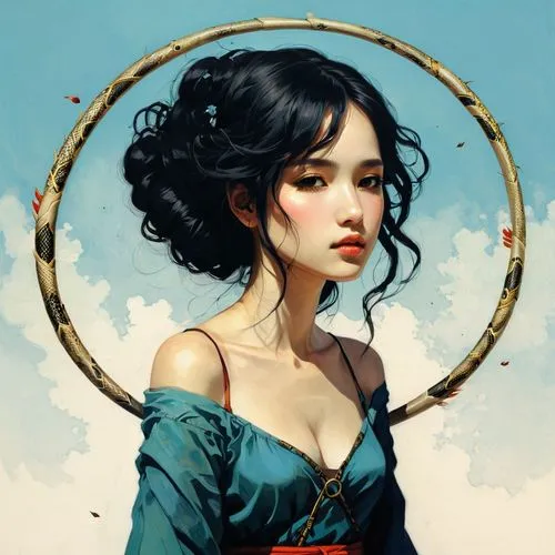 kommuna,mulan,dream catcher,fantasy portrait,girl with a wheel,scythe,Illustration,Paper based,Paper Based 19