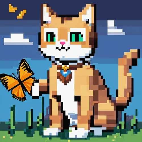 Crea un dibujo de un gato jugando con una mariposa en un jard￭n soleado,pixel art,pixel,facebook pixel,cat vector,pixaba,cat frame,calico cat,pixelgrafic,cartoon cat,flower cat,felidae,firestar,kite f