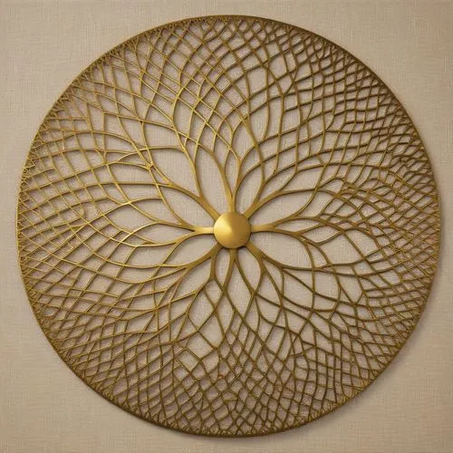 create a antique brass net pattern WITH different levels, Fill some of the parts in between with beige plain background,a gold circular metal wall clock that has a pattern of leaves and circles on it,