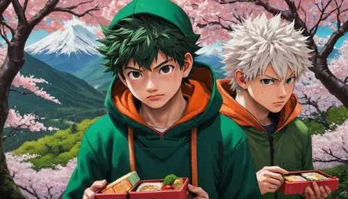 Blushing teenage boy Deku wearing green hoodie and teenage boy Bakugou wearing orange hoodie both share food from the same one small bento box, cherry blossoms around
,gintama,dentetsu,bento,easter ba