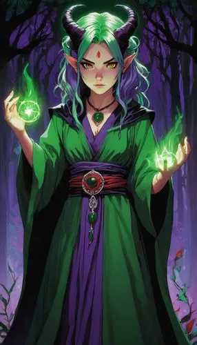 An evil druid girl, barefoot, with horns, red eyes and green hair, wearing short green robes, wearing Gothic jewelry, with purple lighting coming from her hands. lettering above says, "Druida",a chara