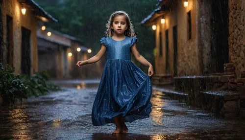 A 5-year-old princess in a particularly modest long dress, all wet from the rain, shaking and sad,little girl with umbrella,walking in the rain,girl in a long dress,little girl in wind,in the rain,gir