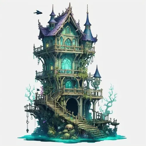 house of the sea,underwater playground,fairy tale castle,witch's house,waterhouses,sunken church,Illustration,Abstract Fantasy,Abstract Fantasy 11