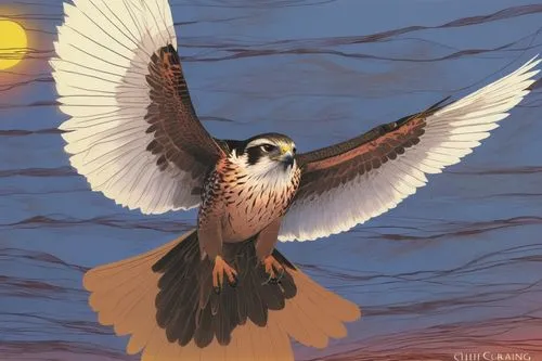 Line drawing of a falcon.,a hawk with outstretched wings in front of a sunset,american kestrel,peregrine falcon,lanner falcon,aplomado falcon,haliaeetus,haliaeetus pelagicus,Illustration,Vector,Vector