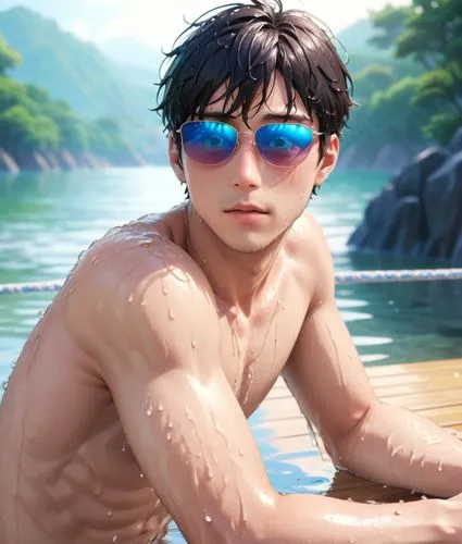 man without shirt sitting on wooden deck in water,katsuyuki,ryu,umehara,eiji,hirohiko,eren,Anime,Anime,Traditional