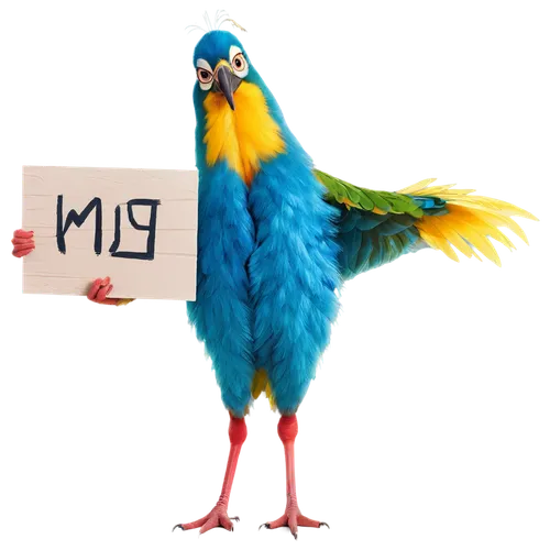 Cartoon bird, colorful plumage, bright yellow beak, big round eyes, fluffy feathers, standing on one leg, holding a sign, comic expression, exaggerated facial features, soft focus, warm lighting, 3/4 