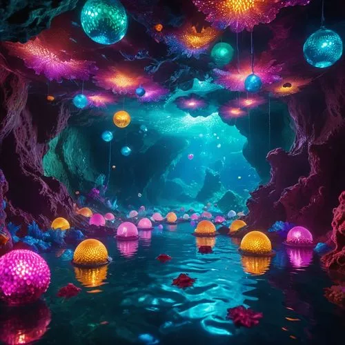 christmas balls background,3d background,fractal environment,underwater background,3d fantasy,fairy world,underwater oasis,aquarium,colored lights,cave on the water,3d render,underwater playground,cartoon video game background,lagoon,fractal lights,kaleidoscape,fantasy picture,beautiful wallpaper,colorful background,alien world,Illustration,Realistic Fantasy,Realistic Fantasy 38