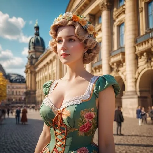 A captivating 3D close-up downward view render of a 36-year-old German woman, transported back to 1937, as she stands before the iconic Dresden Opera House in downtown Dresden, Germany. The woman is d