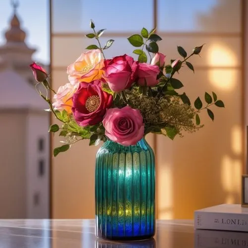 فازة من الزجاج المعشق بزخارف اسلامية ورد من الزجاج,flowers in blue vase on table with books,glass vase,flower vase,flower vases,flower arrangement,floral arrangement,flower arrangement lying,Photograp