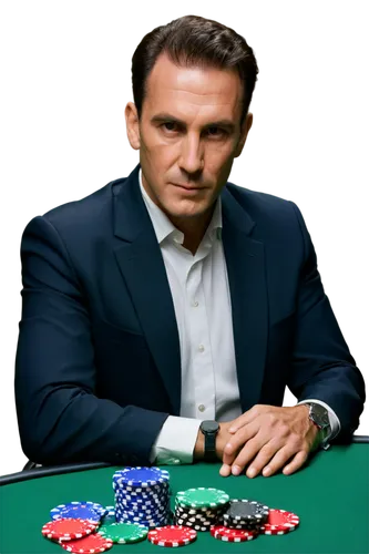 poker player, male, mature, serious face, sharp eyes, short hair, suit, white shirt, black tie, poker chips, cards in hand, green tablecloth, dim lighting, low angle shot, cinematic composition, reali