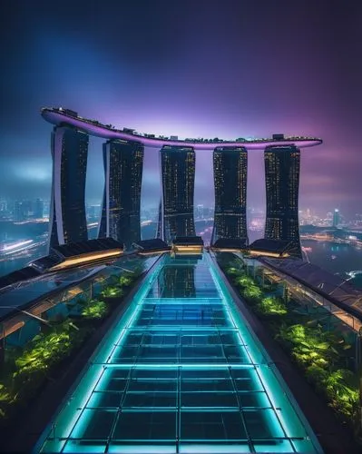 singapore,marina bay sands,singapore landmark,singapura,skypark,skylstad,sathorn,futuristic architecture,skybridge,cyberport,night view,sky city tower view,singaporean,teal blue asia,nightscape,blue hour,futuristic landscape,negara,kallang,harbour city,Illustration,Abstract Fantasy,Abstract Fantasy 17