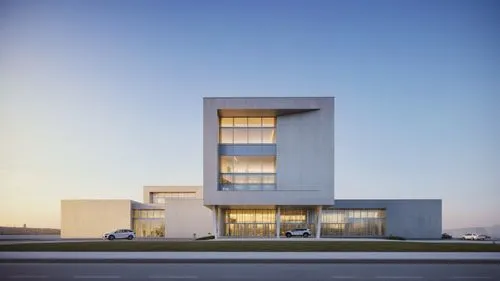 a modern hospital exterior, arch viz, people walking, cars barking, white walls, ,there is a very large building on the road,snohetta,glass facade,modern building,champalimaud,modern architecture,vab,