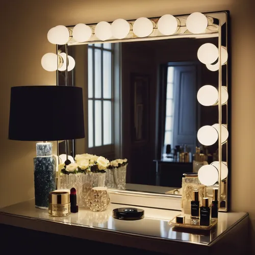 In the luxurious dressing room, a chanel mirror adds a touch of glamour.,dressing table,beauty room,makeup mirror,halogen spotlights,dressing room,magic mirror,table lamps,table lamp,exterior mirror,t