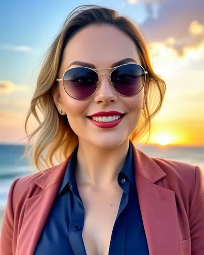 a beautiful woman wearing sunglasses and a pink jacket,beach background,sunglasses,giada,giadalla,sun glasses,roni