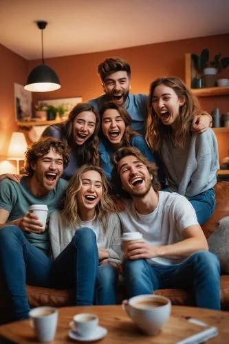 Contagious laughter scene, Reddit community, group of friends, 20-25 years old, casual wear, t-shirts, jeans, sneakers, messy hair, bright smiles, joyful facial expressions, eyes crinkled at corners, 