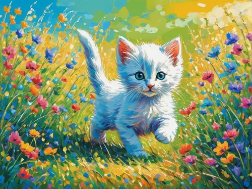 Imagine a playful baby kitten chasing its own tail in a sunny meadow.,blossom kitten,cat on a blue background,flower cat,meadow in pastel,springtime background,flower painting,kitten,spring background