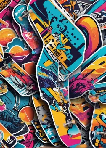 skateboard deck,surfboards,abstract design,skate board,abstract retro,artistic roller skating,colorful foil background,vector graphic,vector graphics,music digital papers,surfboard shaper,background pattern,guitars,detail shot,dribbble,skateboard,adobe illustrator,quiver,skateboarding equipment,abstract cartoon art,Unique,Design,Sticker