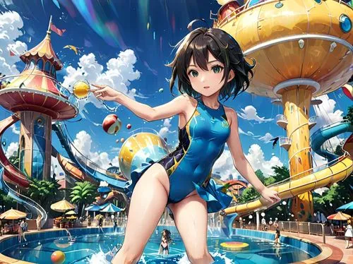 water park,waterpark,amusement park,oceanica,kawaii people swimming,waterslides,Anime,Anime,Realistic